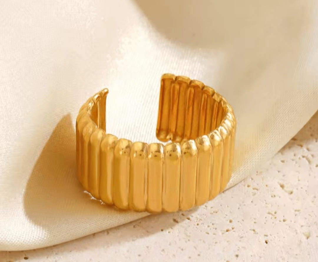 Ribbed Adjustable Finger Ring | Premium Quality | Elegant Women's Jewelry | Stainless Steel Gold Plated | Anti-tarnish | Daily wear | TE-GPFR-0612-003