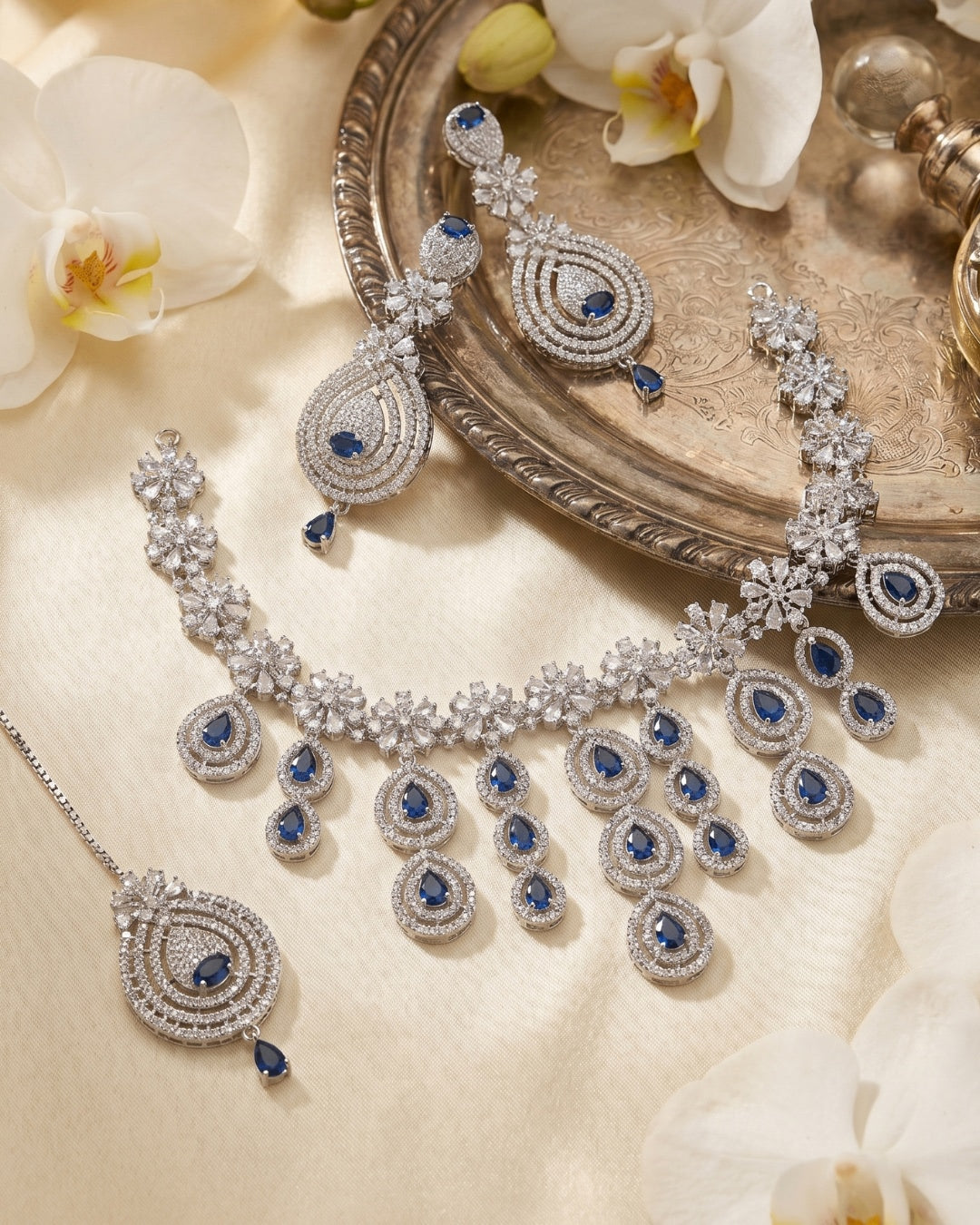 Royal Sapphire Bridal Necklace Set with Maang Tikka | Premium Quality | American Diamond | Party wear