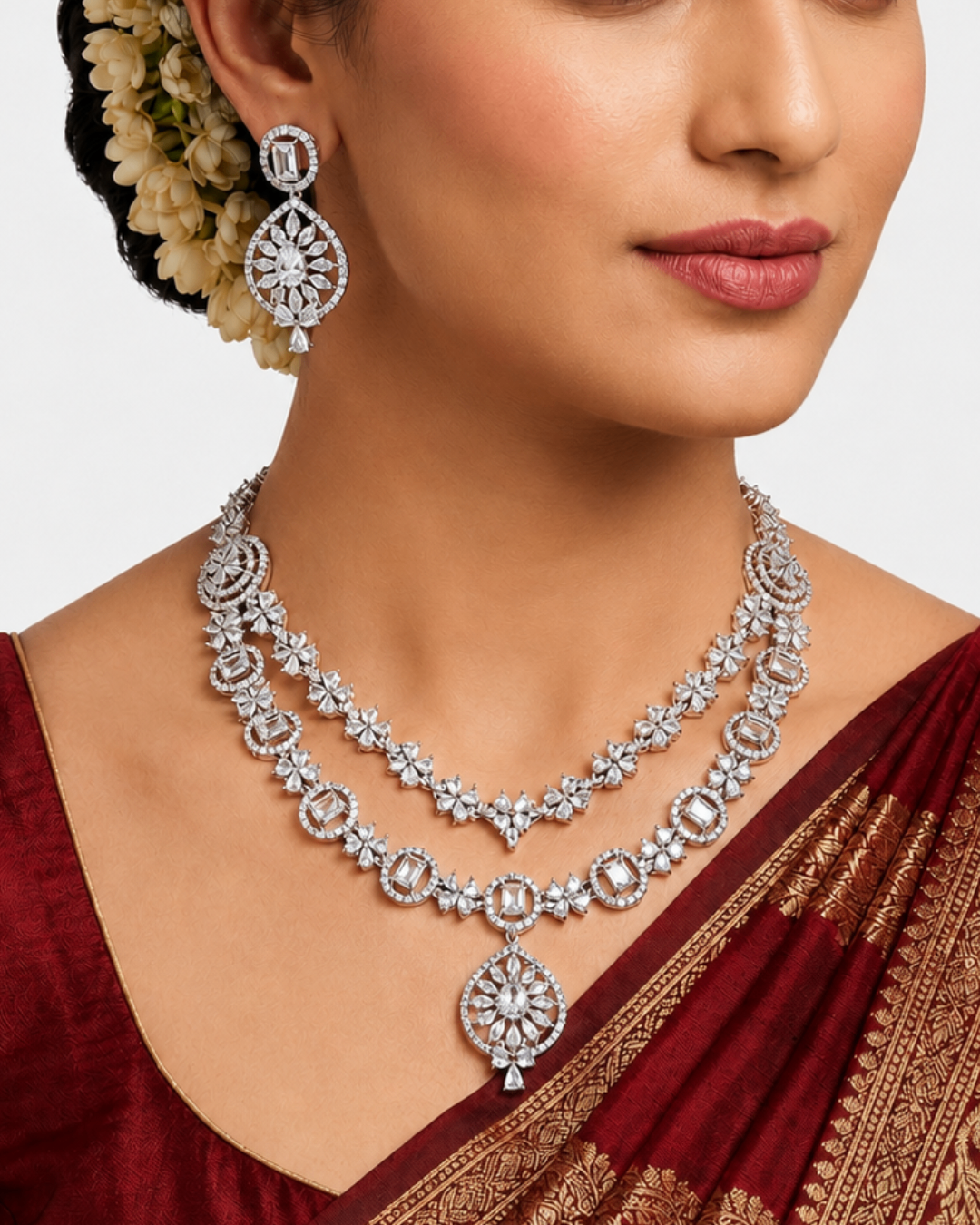 Celeste Double Layer AD Necklace & Earrings Set | Premium Quality | American Diamond | Party wear