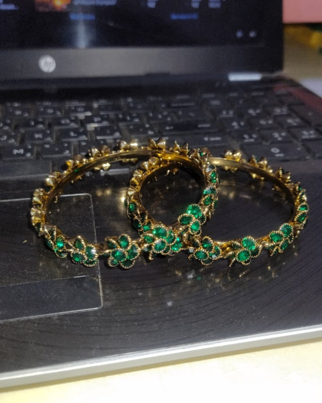 Emerald Green Bloom Floral Bangles (Set of 2) | Premium Quality | American Diamond | Party wear