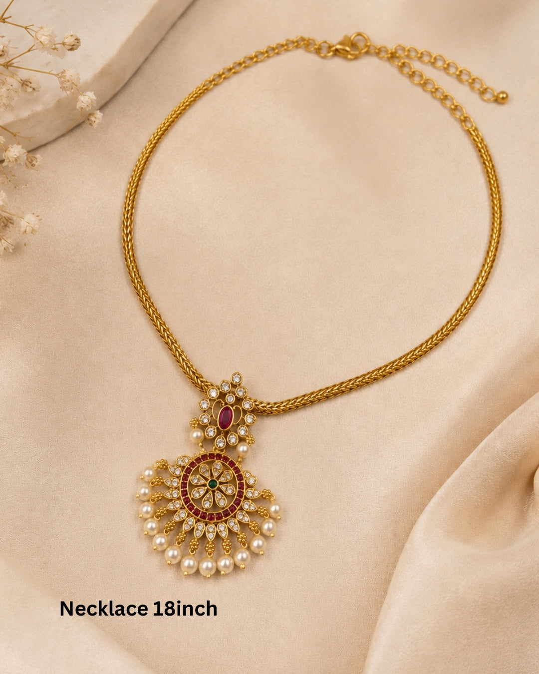 Classic Necklace Set with Ruby, Green Stones & Pearls