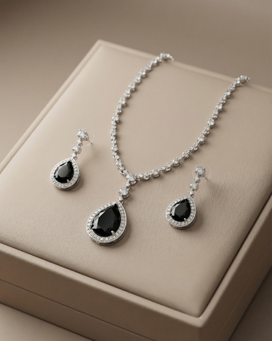 Black Onyx Teardrop American Diamond Necklace Set with Earrings | Premium Quality | American Diamond | Party wear | TE-ADNE-2212-007