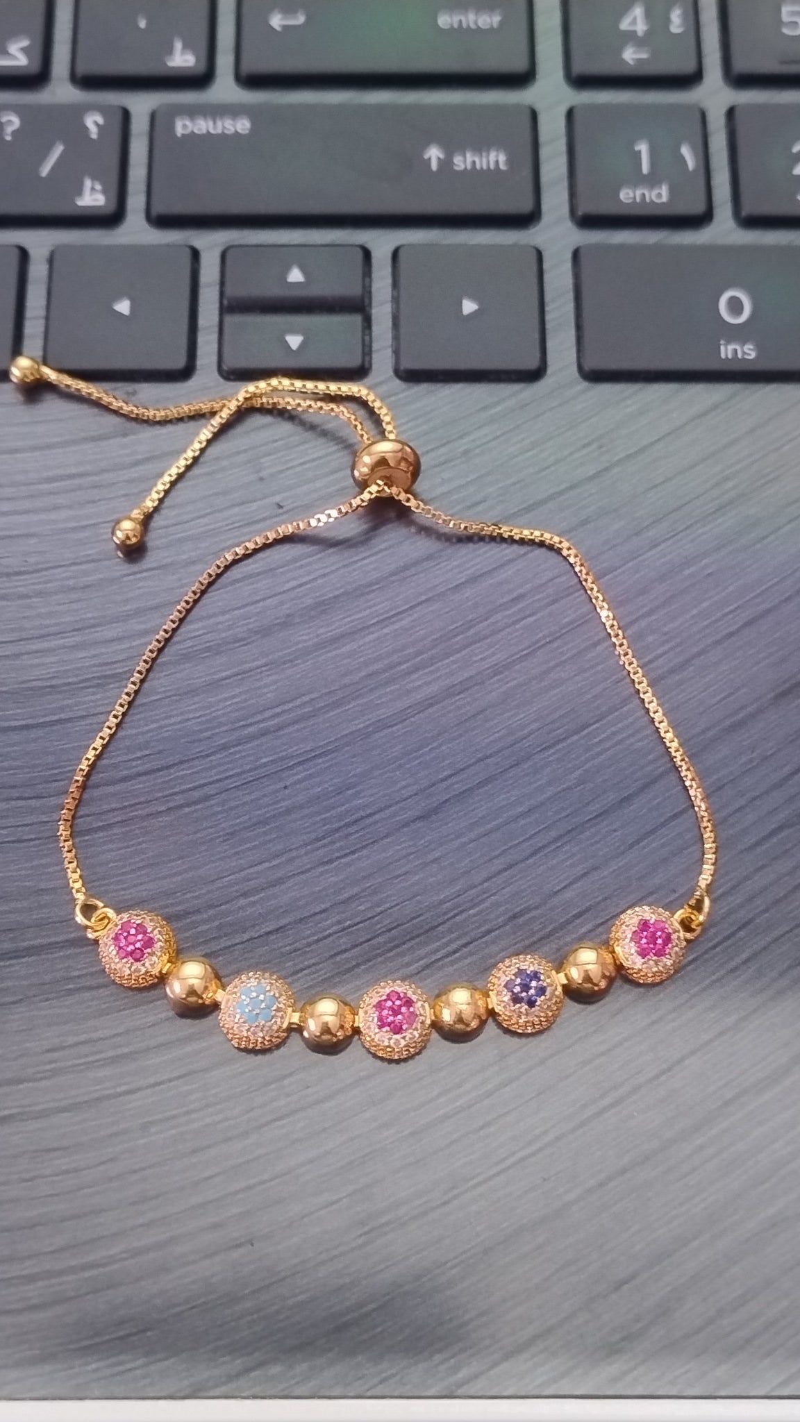 Multicolor Cubic Zirconia Stone Charm Adjustable Gold Bracelet