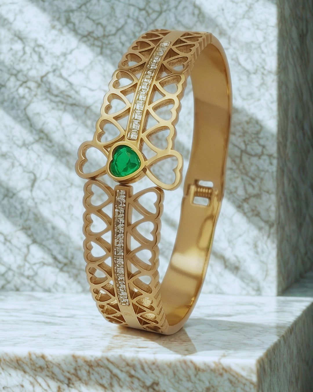 Elegant Heart Pattern Rose Gold Kada Bracelet with Green Stone | Stainless Steel Gold Plated | Women Anti-tarnish bracelet | Kada Bracelet | TE/GPK/2511/010
