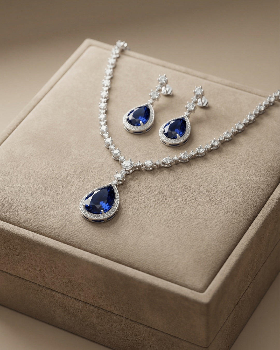 Royal Blue Teardrop American Diamond Necklace Set with Earrings | Premium Quality | American Diamond | Party wear | TE-ADNE-2212-008