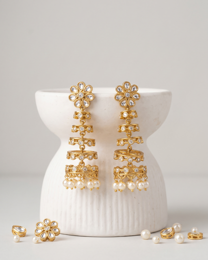 Premium Kundan Floral Pearl Drop Dangler Earrings for Women | Matte Finish Ethnic Earrings