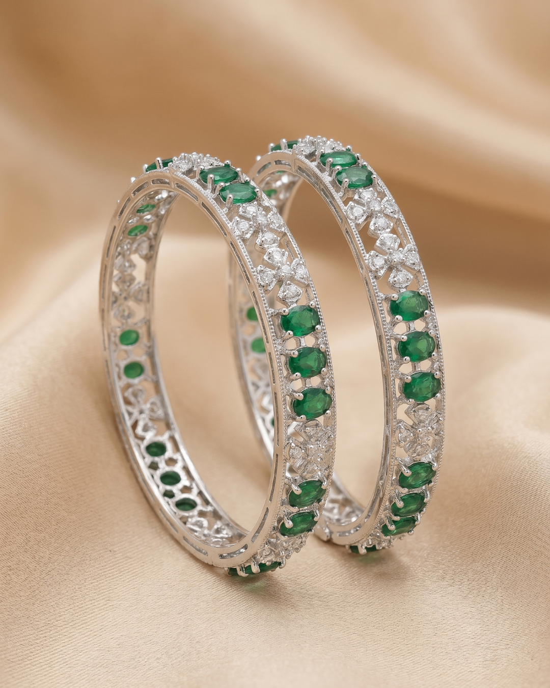 Rhodium Plated Emerald Green and White Stone Designer Silver Bangles(Set of 2) | Premium Quality | American Diamond | Party wear