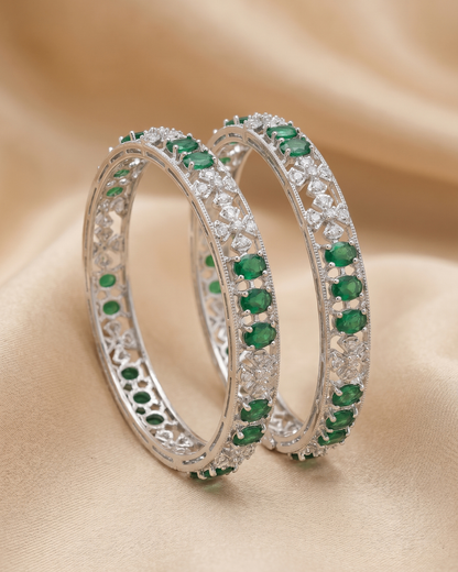 Rhodium Plated Emerald Green and White Stone Designer Silver Bangles(Set of 2) | Premium Quality | American Diamond | Party wear