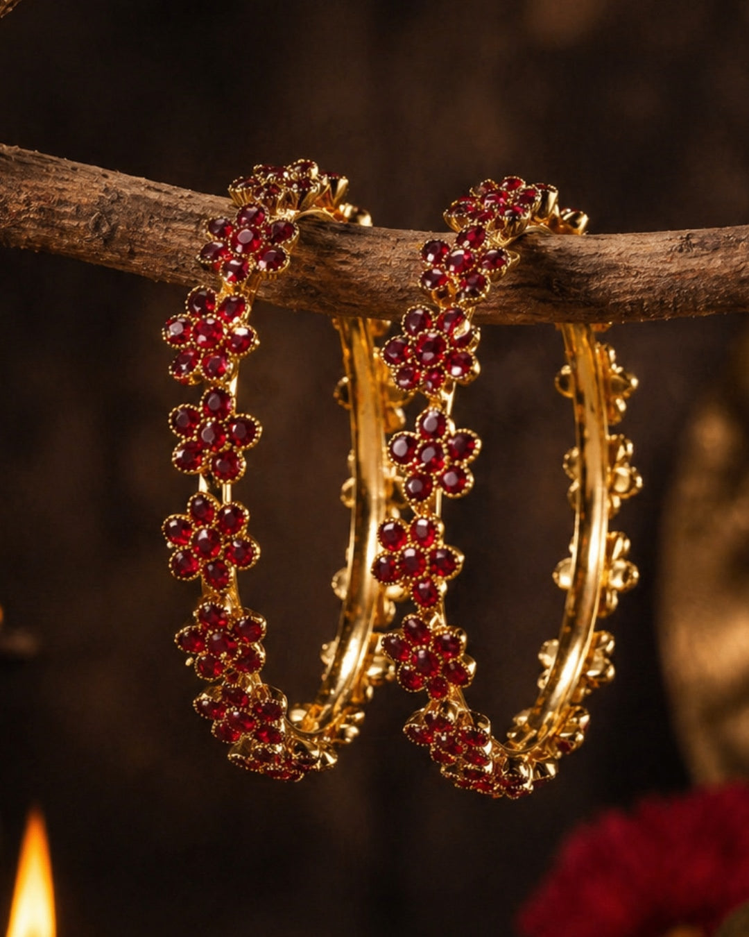 Ruby Bloom Floral Bangles (Set of 2) Premium Quality | American Diamond | Party wear