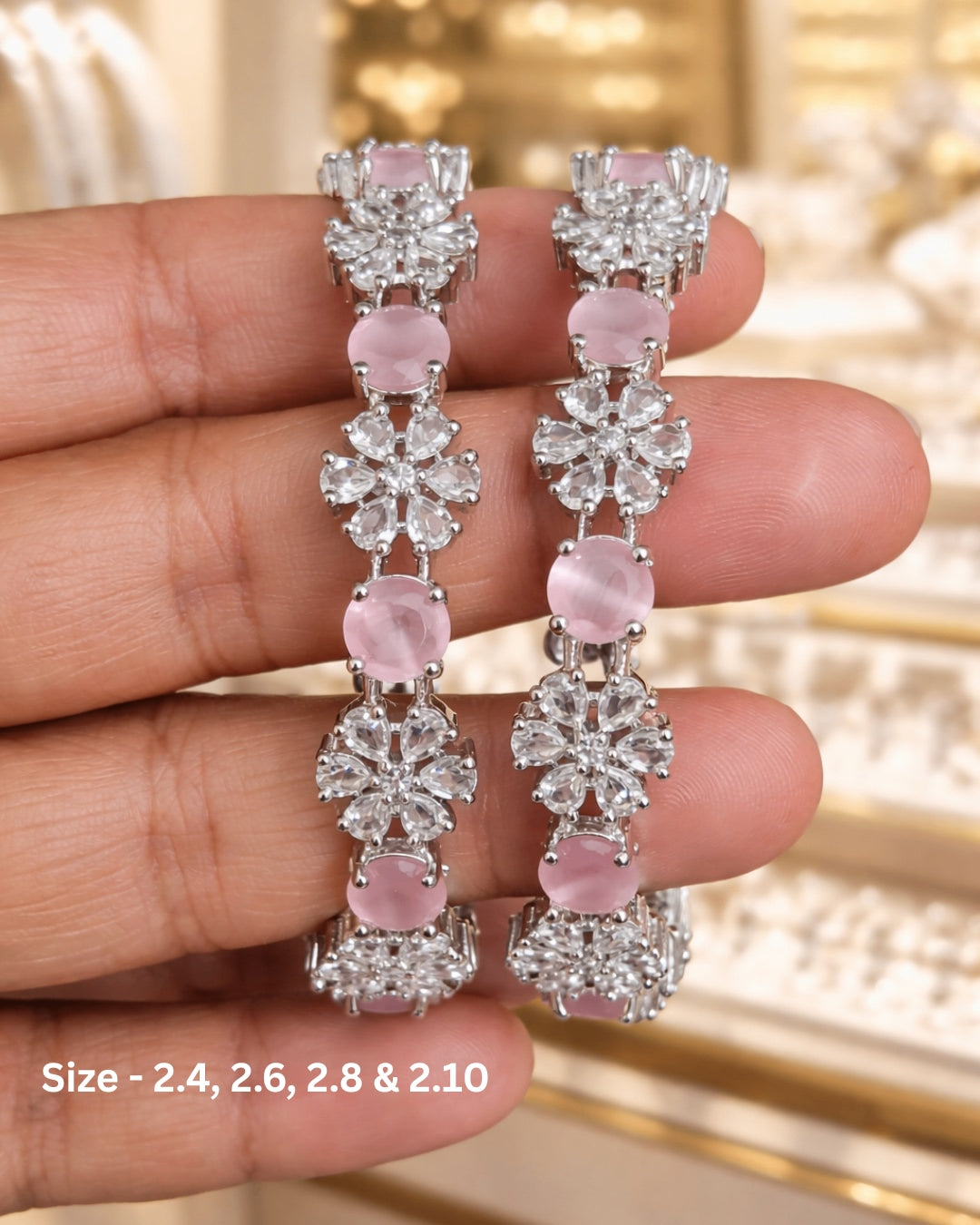 Rhodium Plated Pink Color Circle and Flower Zircon Stone Bangle (Set of 2) | Premium Quality | American Diamond | Party wear | TE-ADB-2212-006