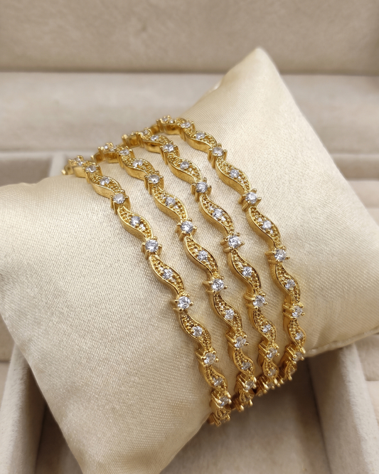 Elegant Gold(Mehandi) Wave Zircon Designer Bangles Set of 4 | Premium Quality | CZ stone Bangles | American Diamond