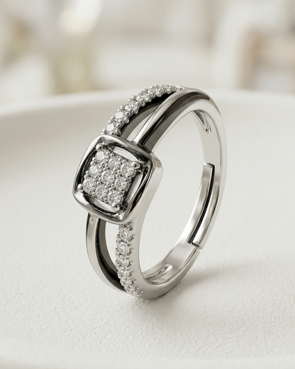 Modern Square Halo CZ Stone Ring in Silver Finish | Premium Quality | Adjustable Ring
