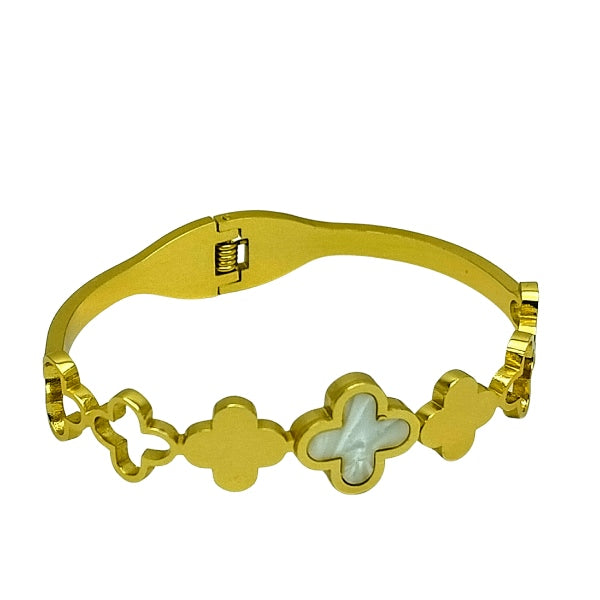 Elegant Gold Clover Bracelet with White Inlay | Stainless Steel Gold Plated | Anti-tarnish | Daily wear | TE-GPKB-2311-004