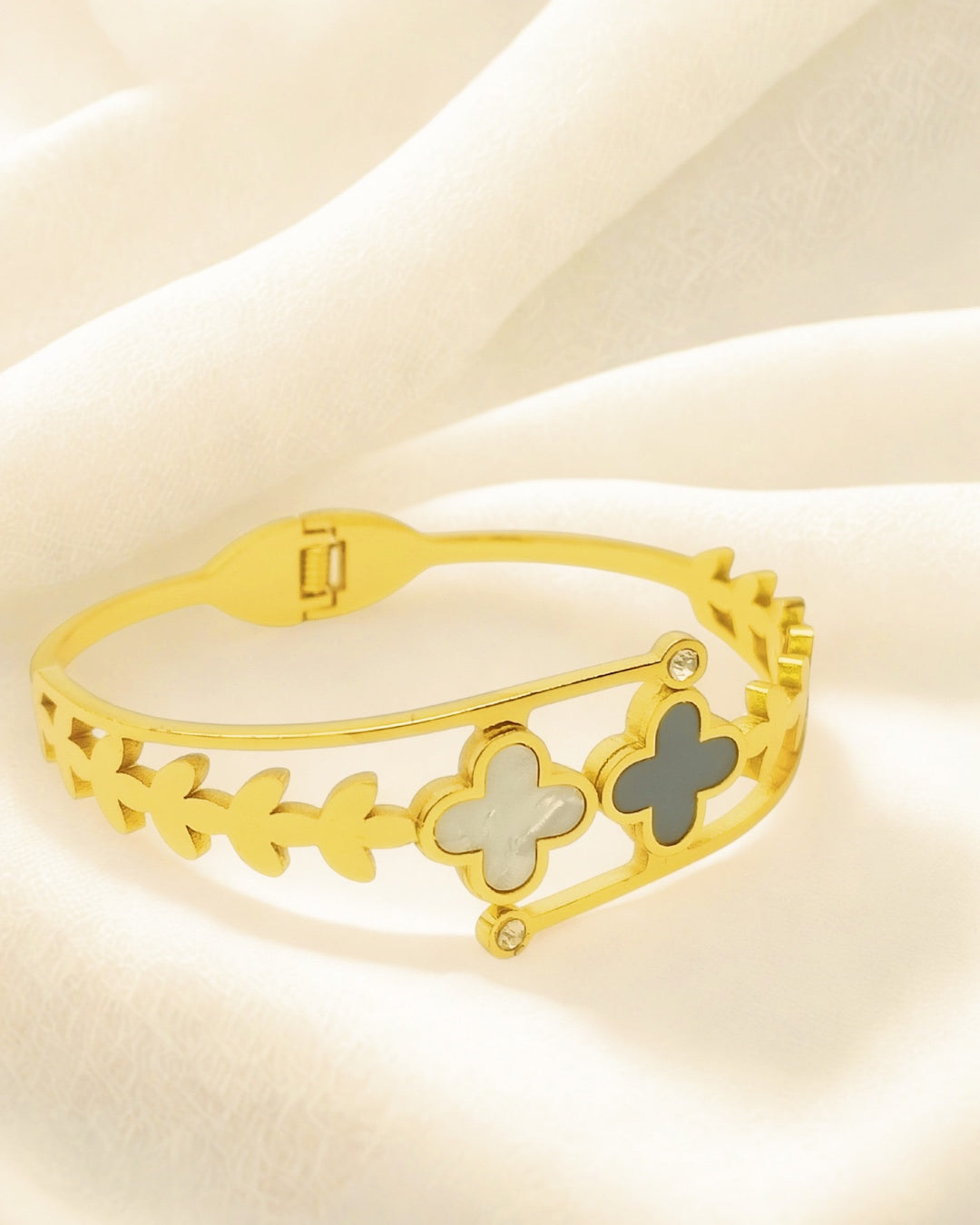 Black and White Clover | Stainless Steel Gold Plated | Women Anti-tarnish bracelet | Kada Bracelet | TE/GPK/2511/007