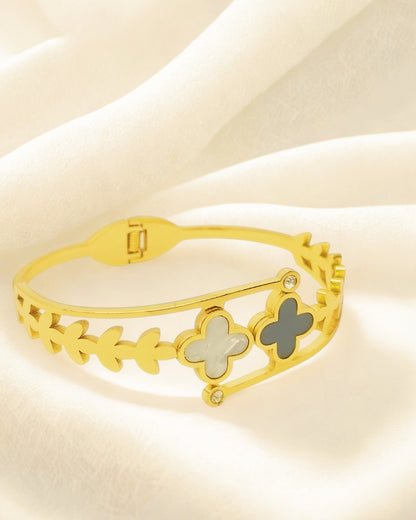 Black and White Clover | Stainless Steel Gold Plated | Women Anti-tarnish bracelet | Kada Bracelet | TE/GPK/2511/007