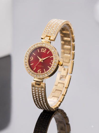Red Dial Crystal Bracelet Watch for Women – Gold Tone