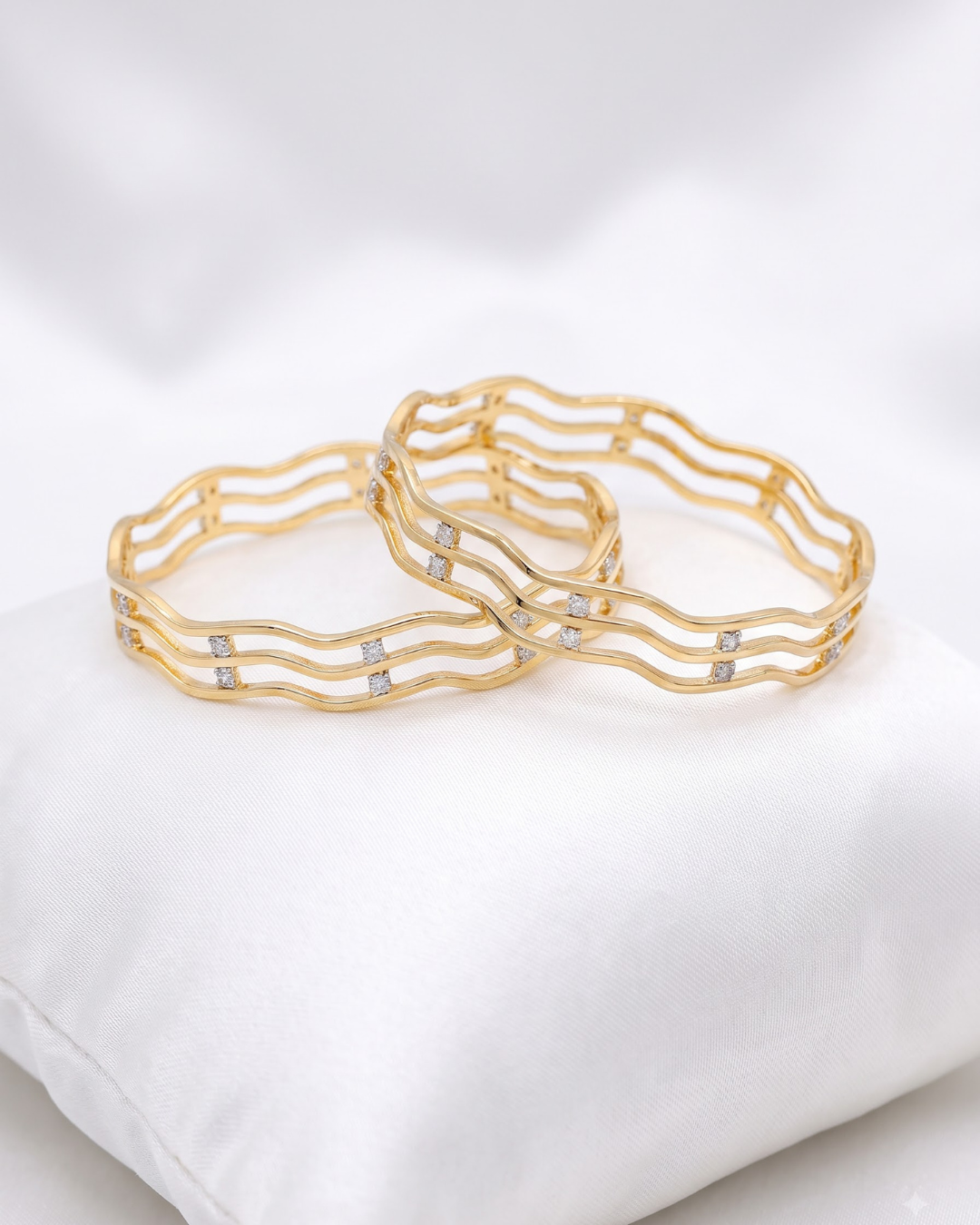 Antique Matte Gold Wave Bangles with Sparkling Stones