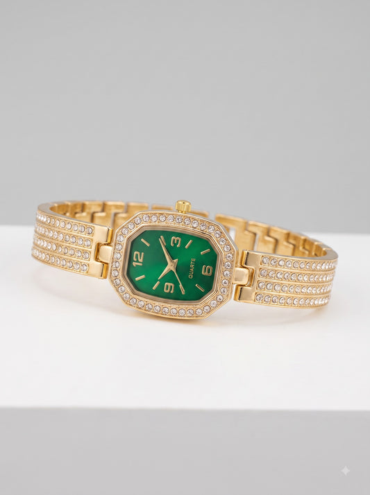 Green Crystal Gold-Tone Bracelet Watch for Women