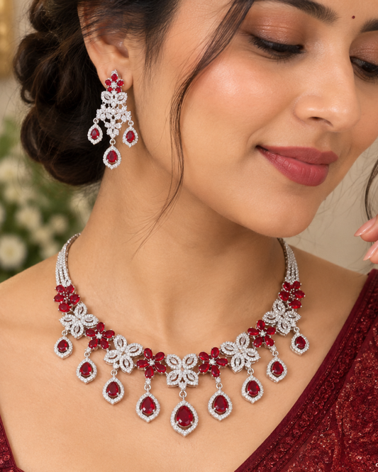 Ruby Red AD Necklace & Earring Set – Floral Bridal Jewellery | America Diamond | Premium Quality
