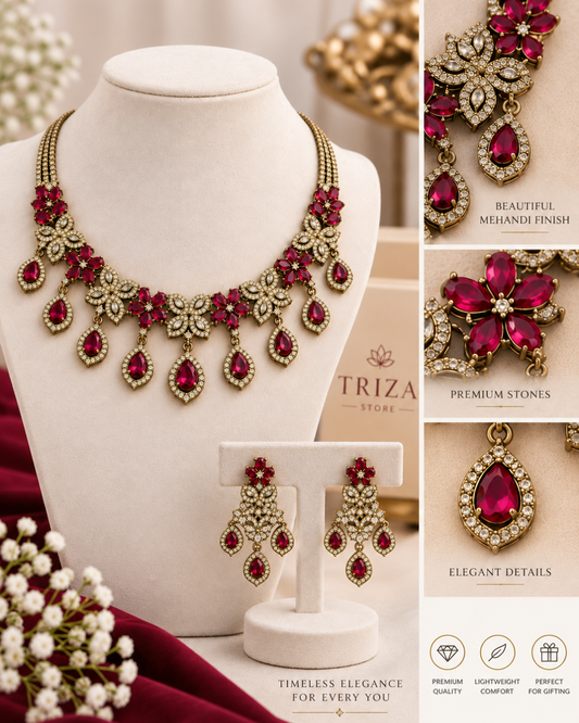 Mehandi Gold Ruby Floral Necklace Set with Matching Earrings | American Diamond | Premium Quality