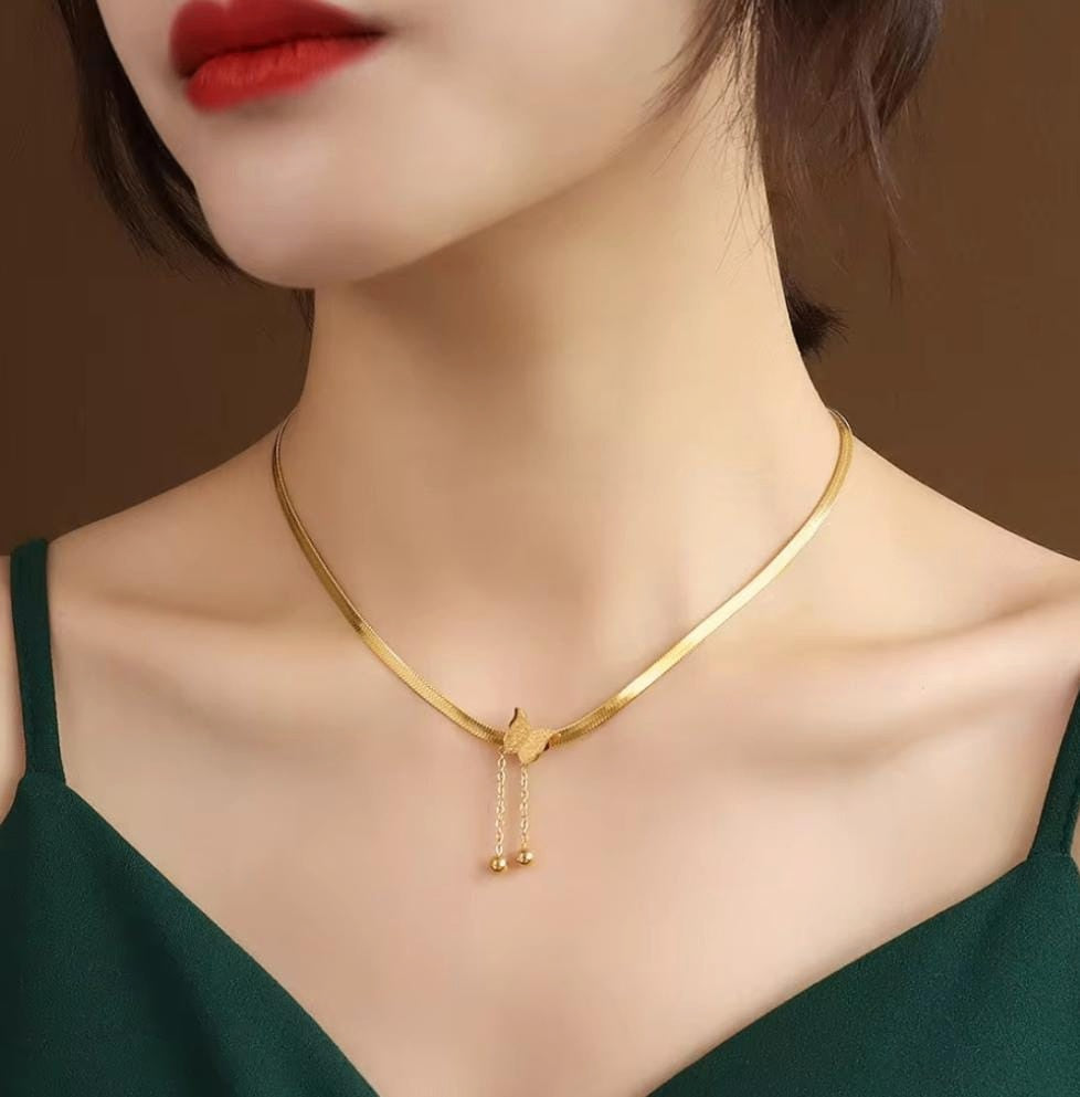 Butterfly Pendant Drop Necklace | Stainless Steel Gold Plated | Anti-tarnish Necklace | Daily wear | TE-GPC-0511-017