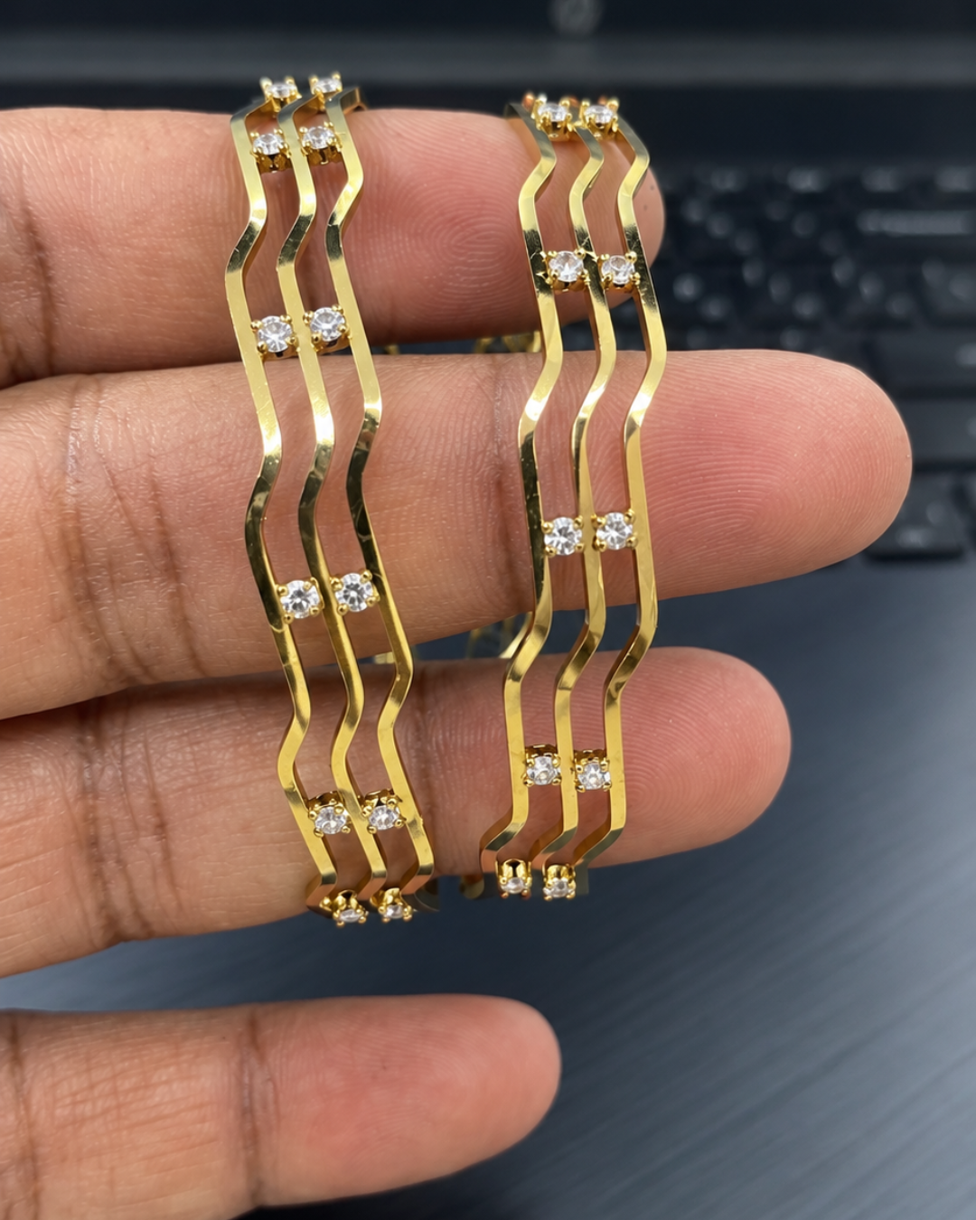 Antique Matte Gold Wave Bangles with Sparkling Stones