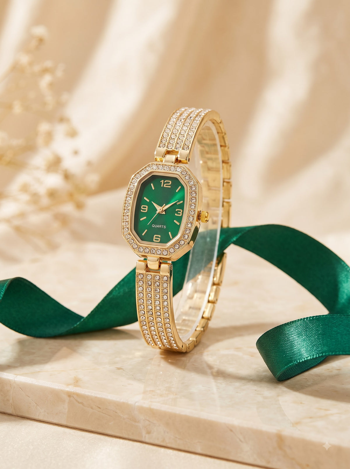 Green Crystal Gold-Tone Bracelet Watch for Women