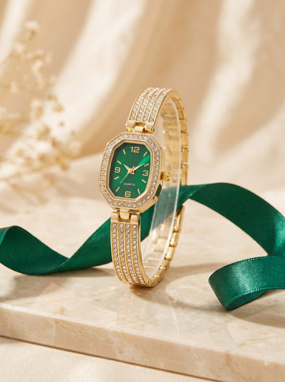 Green Crystal Gold-Tone Bracelet Watch for Women