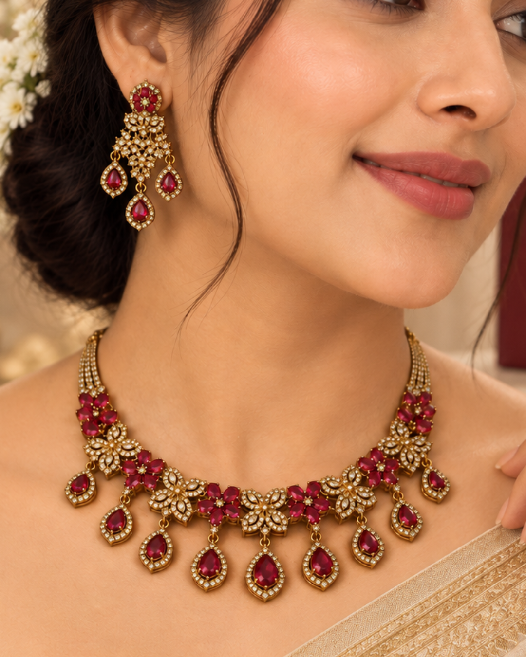 Mehandi Gold Ruby Floral Necklace Set with Matching Earrings | American Diamond | Premium Quality