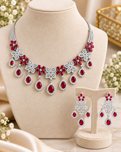 Ruby Red AD Necklace & Earring Set – Floral Bridal Jewellery | America Diamond | Premium Quality