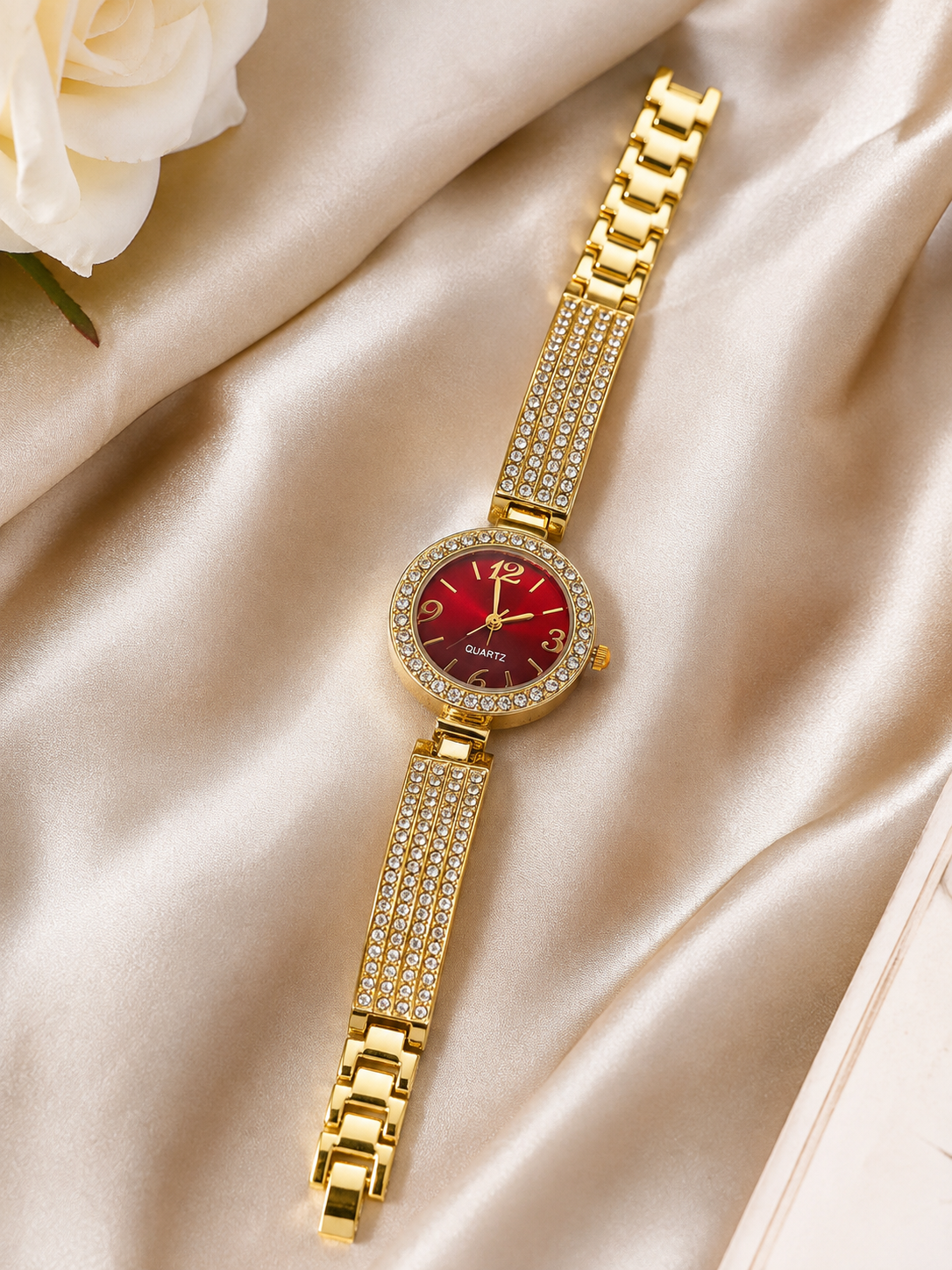 Red Dial Crystal Bracelet Watch for Women – Gold Tone