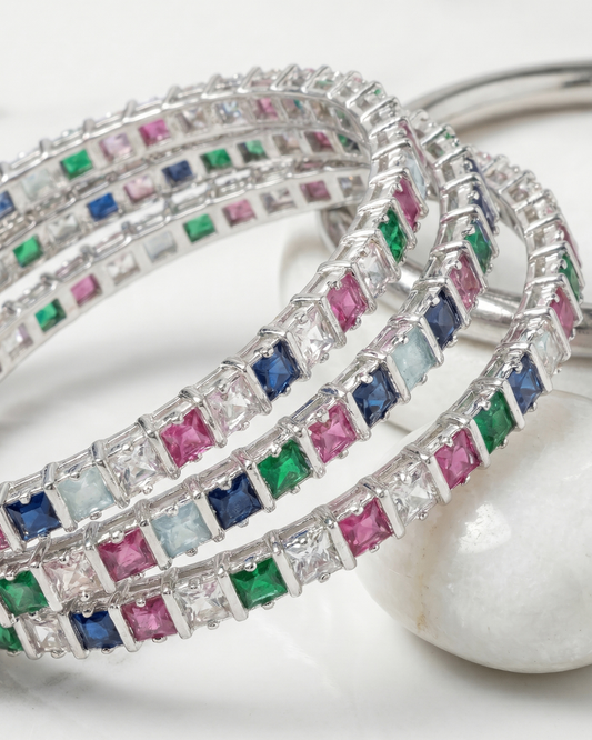Elegant Multicolor Princess Cut Zircon Bangles Set of 4 | Premium Quality | CZ stone Bangles | American Diamond