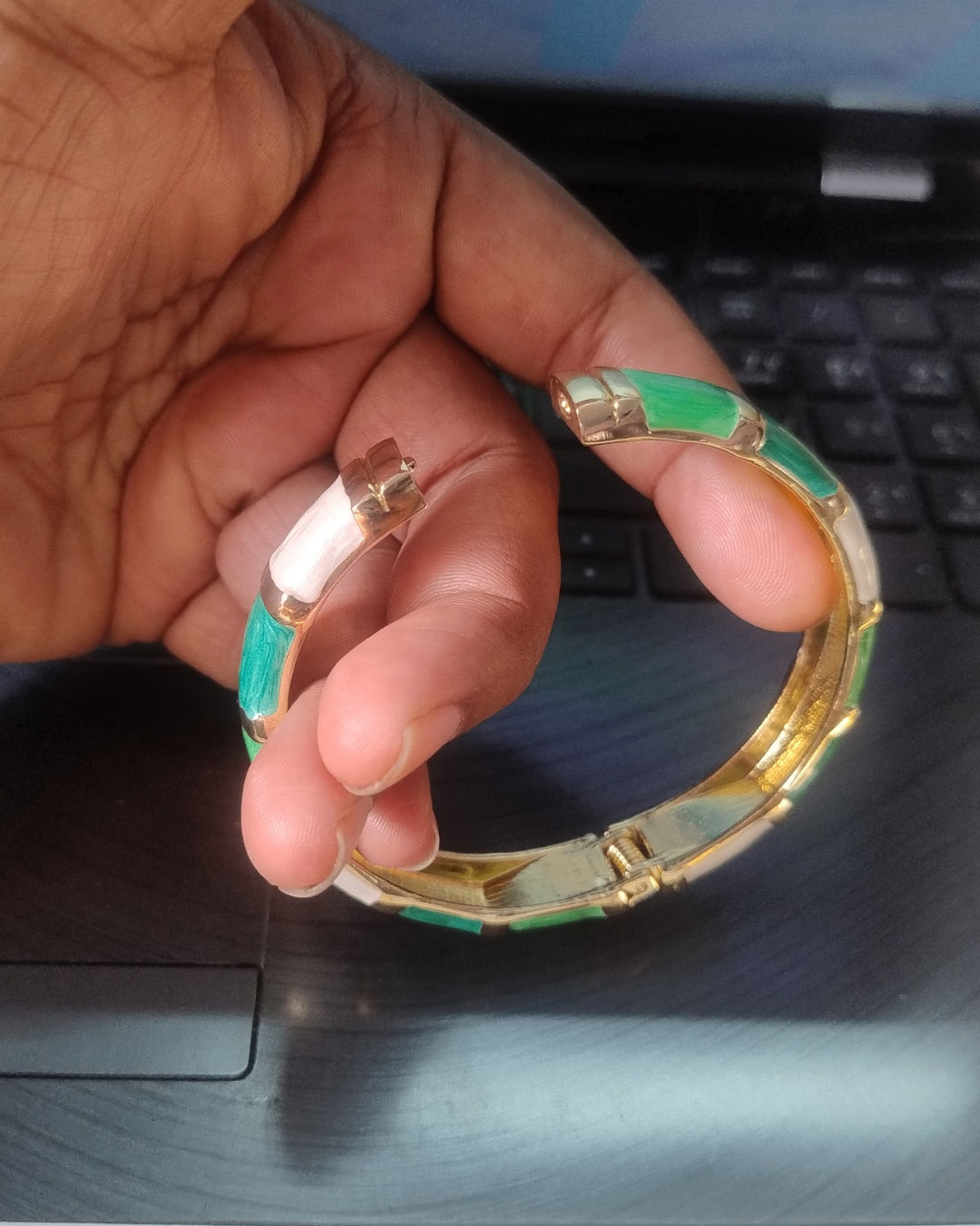 Emerald Green & Ivory Enamel Gold-Tone Elegant Bangle | Openable