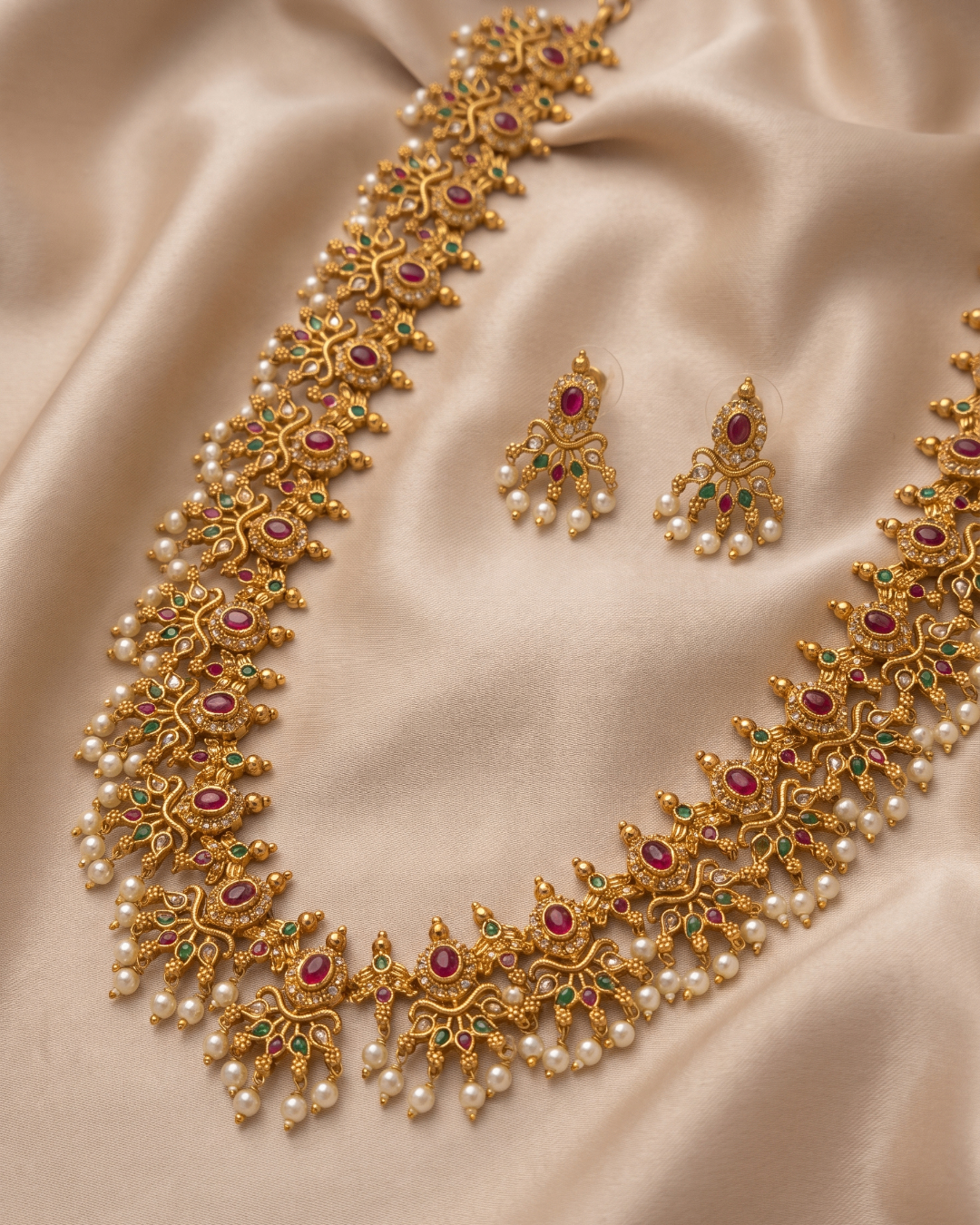 Traditional Gold-Tone Necklace Set with Ruby, Green Stones & Pearl Drops