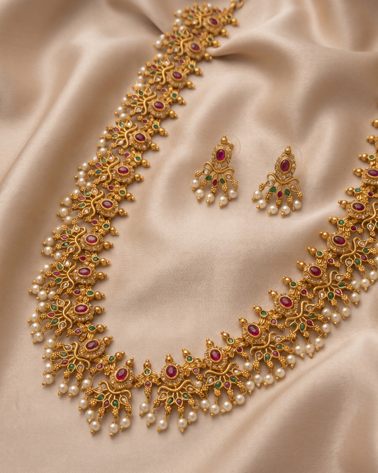 Traditional Gold-Tone Necklace Set with Ruby, Green Stones & Pearl Drops