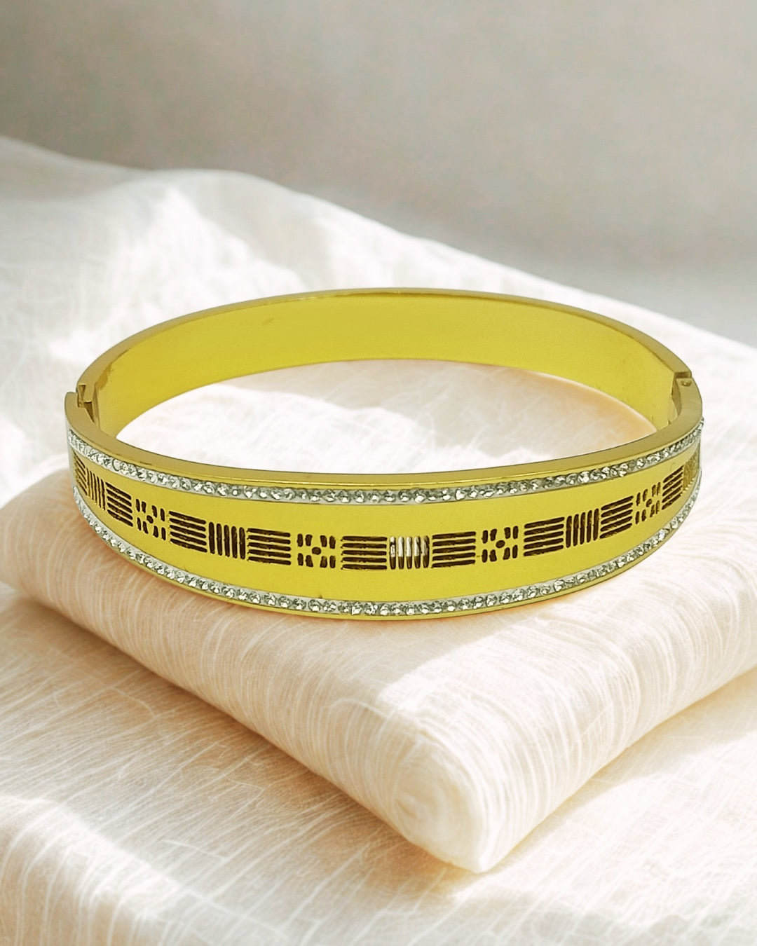 Elegant Gold Kada Bracelet with Stone Border & Laser Cut Design | Stainless Steel Gold Plated | Women Anti-tarnish bracelet | Kada Bracelet | TE/GPK/2511/009