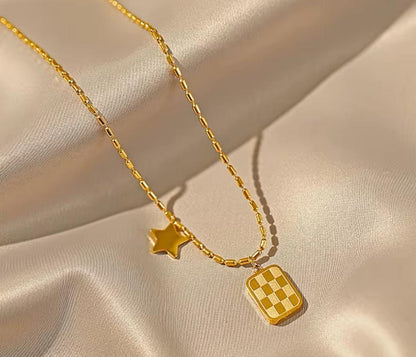Star and Checkered Pendant Necklace | Stainless Steel Gold Plated | Anti-tarnish Necklace | Daily wear | TE-GPC-0511-018