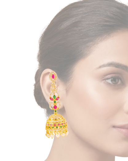 Premium Gold-Plated Jhumka with Ear Chain (Mattal) - Gold Finish