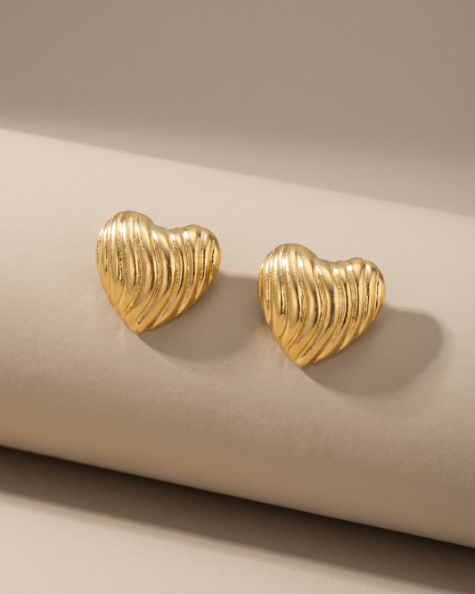 Radiant Ribbed Heart Gold Finish Earrings