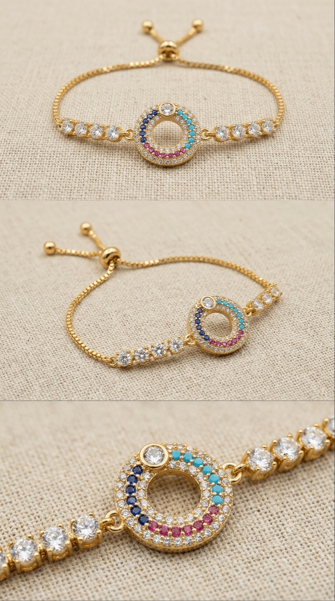 Luxury Halo Multi Color Cubic Zirconia Stone Adjustable Gold Bracelet