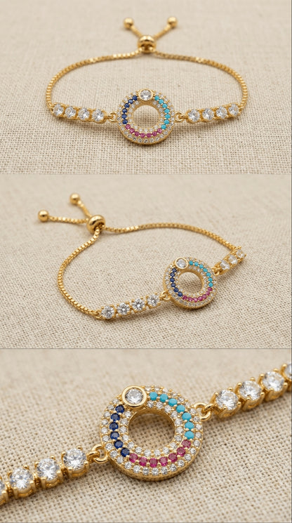 Luxury Halo Multi Color Cubic Zirconia Stone Adjustable Gold Bracelet