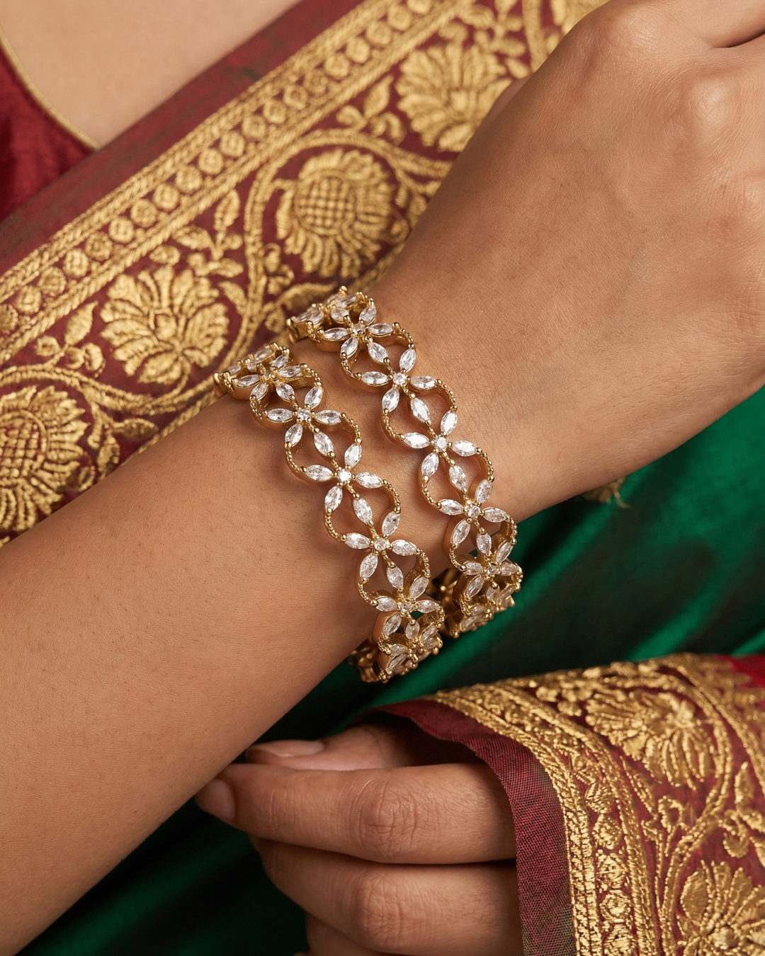 Luxury Gold(Mehandi) Star Zircon Designer Bangles (Set of 2) | Premium Quality | American Diamond | Party wear