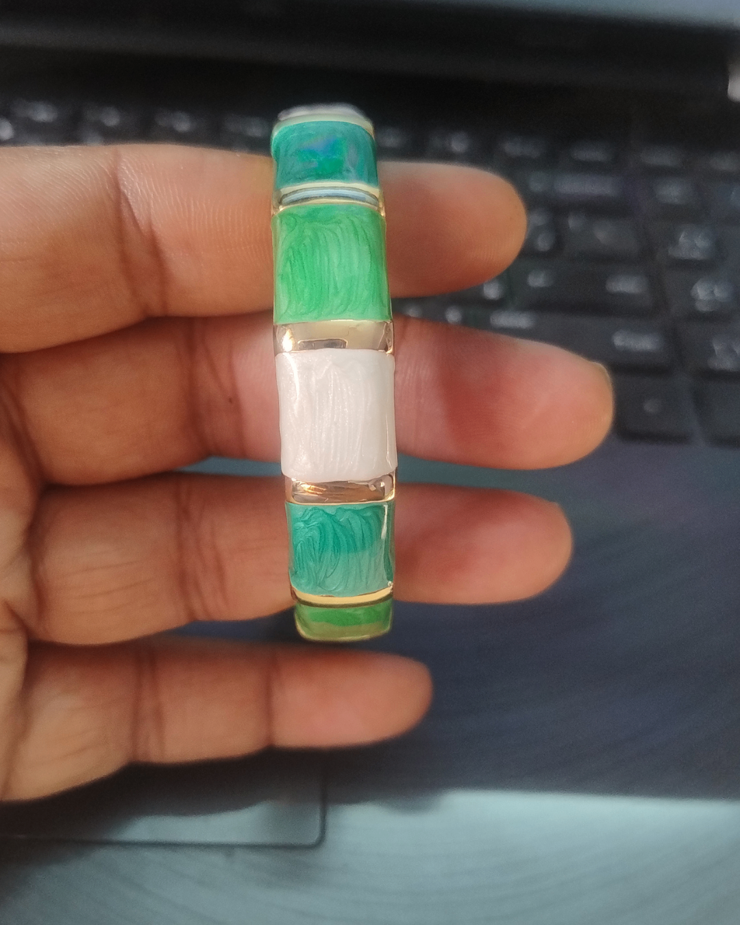 Emerald Green & Ivory Enamel Gold-Tone Elegant Bangle | Openable