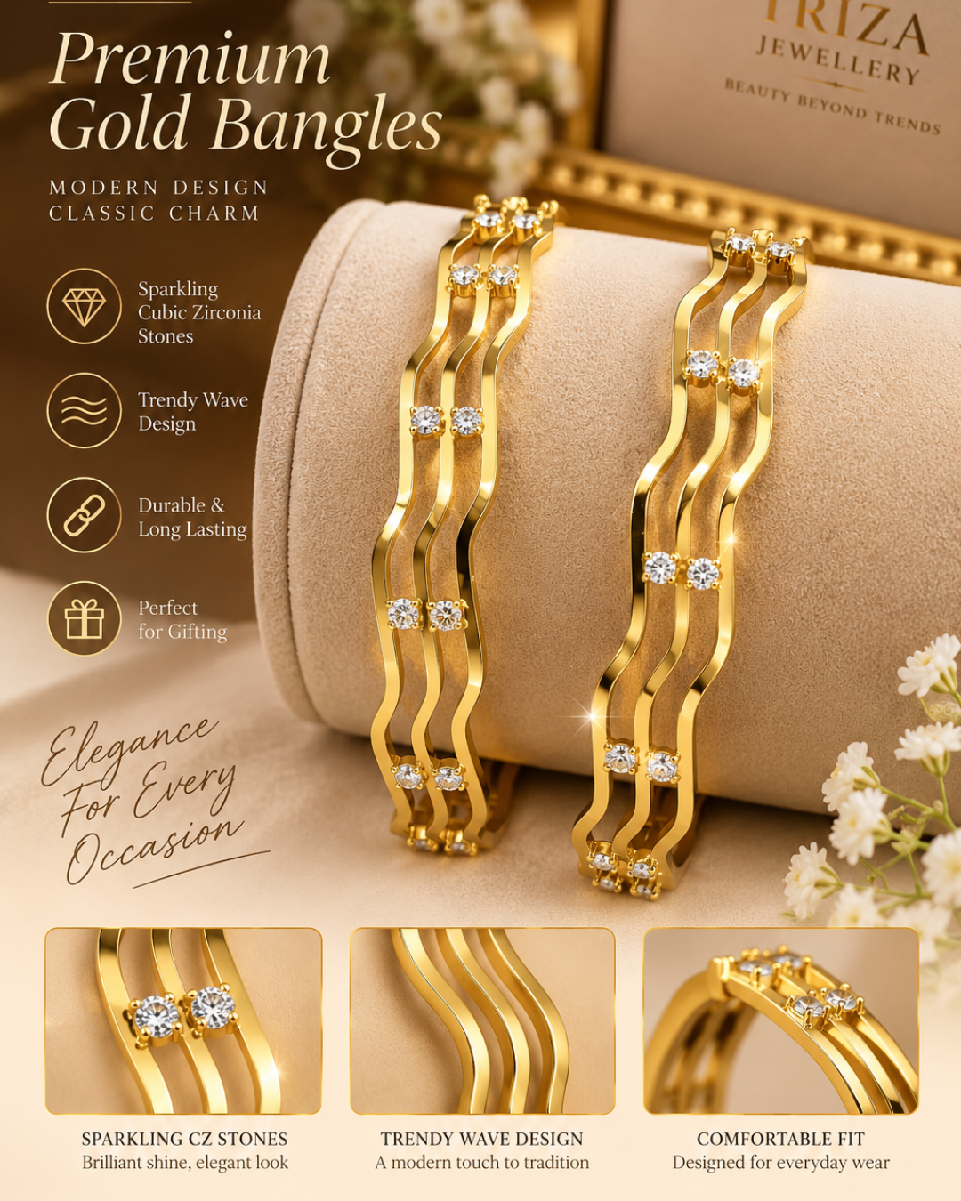 Antique Matte Gold Wave Bangles with Sparkling Stones