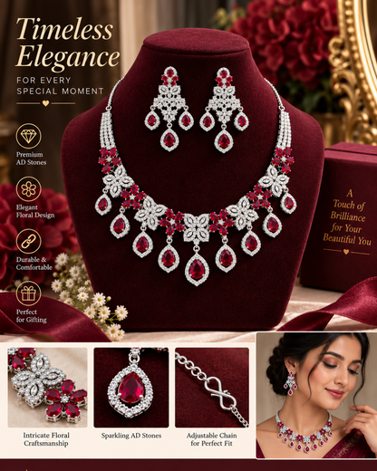 Ruby Red AD Necklace & Earring Set – Floral Bridal Jewellery | America Diamond | Premium Quality