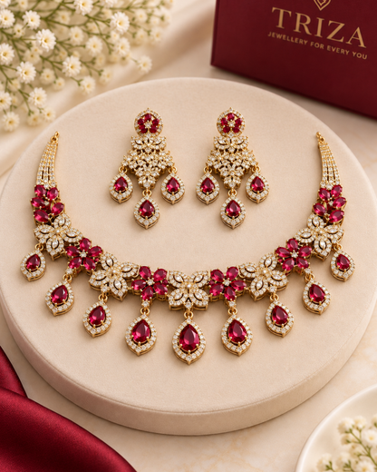 Mehandi Gold Ruby Floral Necklace Set with Matching Earrings | American Diamond | Premium Quality