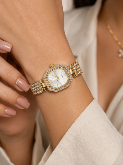 Women’s Luxury Crystal Octagon Dial Gold Bracelet Watch