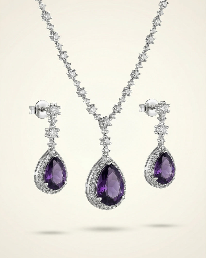 Amethyst Teardrop American Diamond Necklace Set with Earrings | Premium Quality | American Diamond | Party wear | TE-ADNE-2212-006