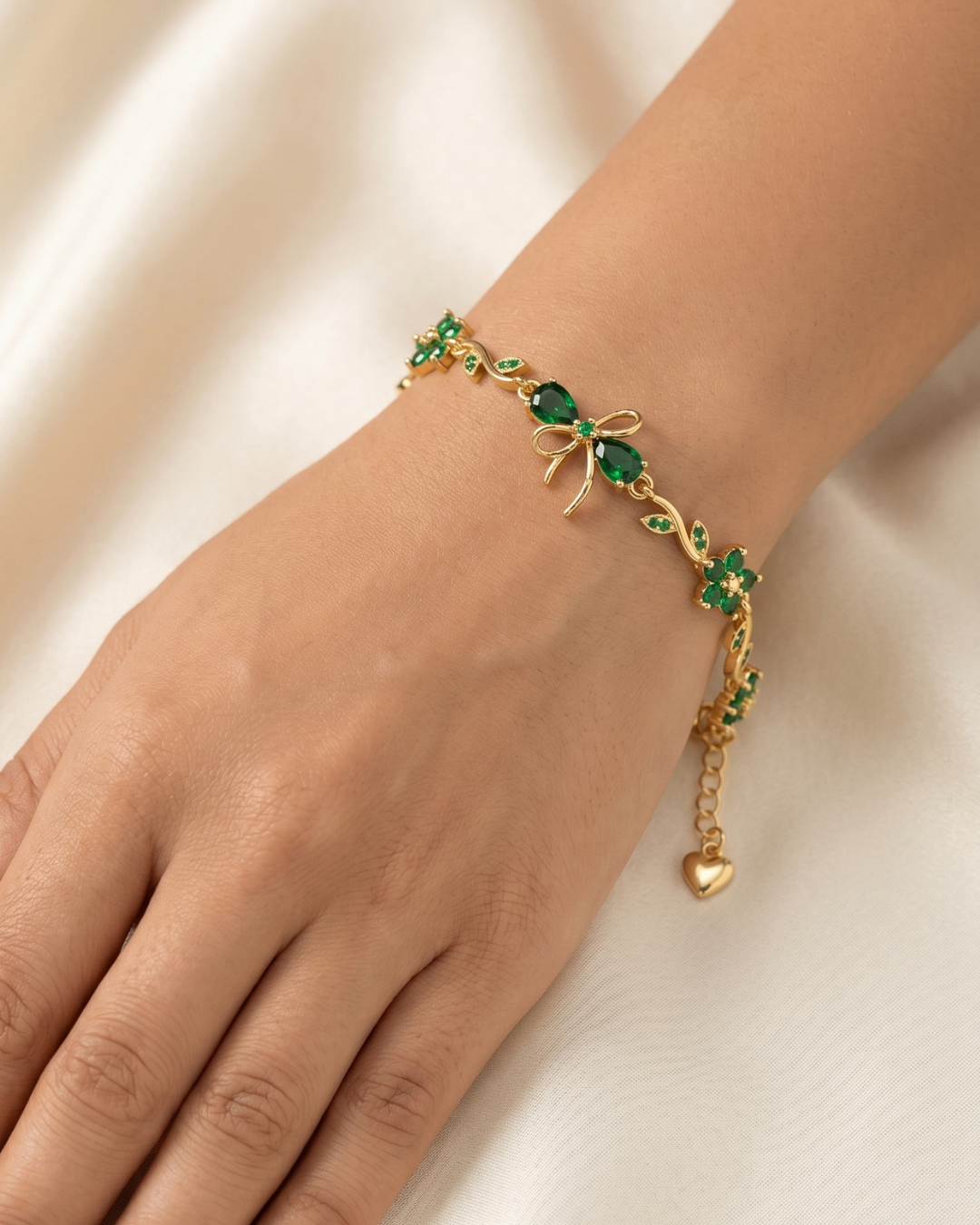 Emerald Green Bloom Gold Bracelet with Floral Vine & Bow Charm | Premium Quality | Cubic Zirconia