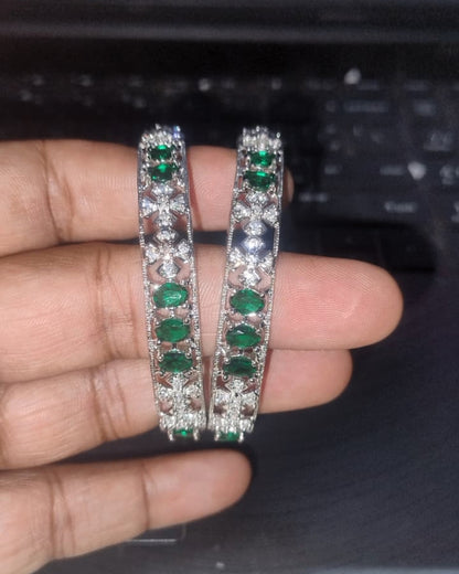 Rhodium Plated Emerald Green and White Stone Designer Silver Bangles(Set of 2) | Premium Quality | American Diamond | Party wear